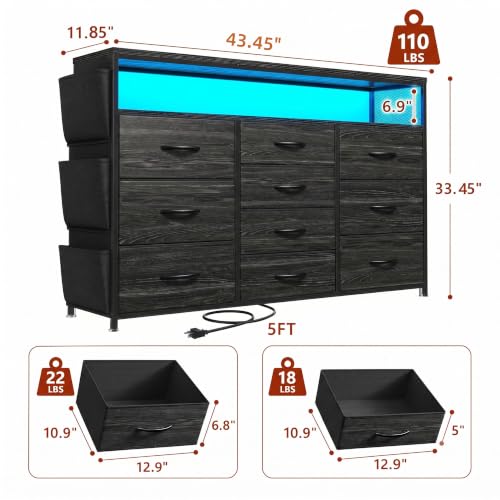 10-Drawer Dresser with LED Lights, Power Outlets & Black Variation