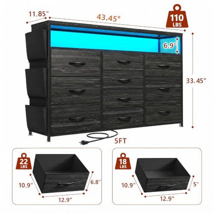 10-Drawer Dresser with LED Lights, Power Outlets & Black Variation