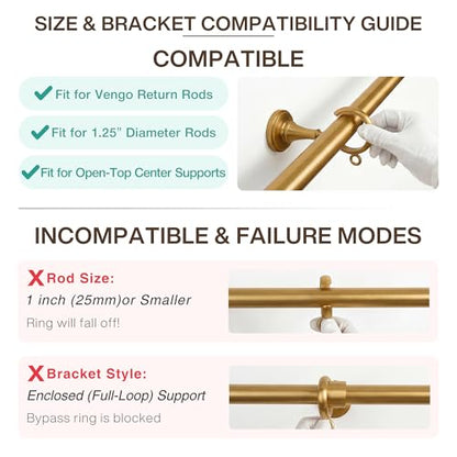 10 Pcs C-Shaped Bypass Curtain Rings - Burnished Brass, 1.75 Inch for 1.25" Rods, Vengo Style
