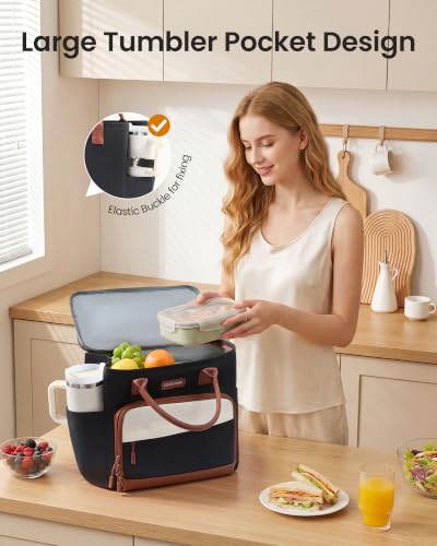 Large Insulated Lunch Bag for Women - 13L Black Beige Brown - Leakproof & Organized