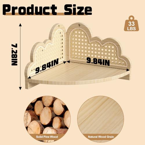 Rattan Corner Floating Shelves Set of 3 - Natural Boho Wall Storage