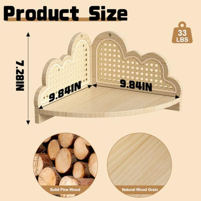 Rattan Corner Floating Shelves Set of 3 - Natural Boho Wall Storage
