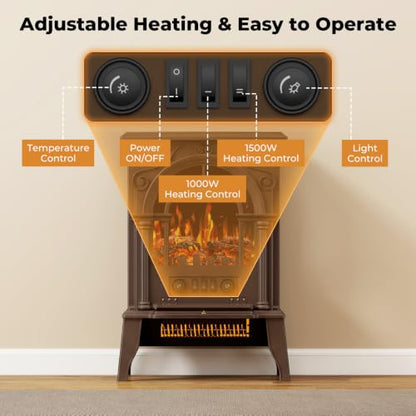 Electric Fireplace Stove with 3D Flame and Thermostat - Brown, 22 Inch