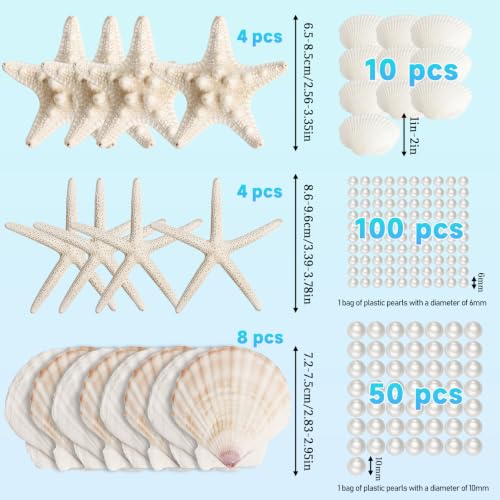 Seashells and Starfish Craft Supplies Set - 16 Pieces with Pearls and Clams