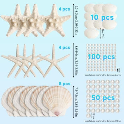 Seashells and Starfish Craft Supplies Set - 16 Pieces with Pearls and Clams