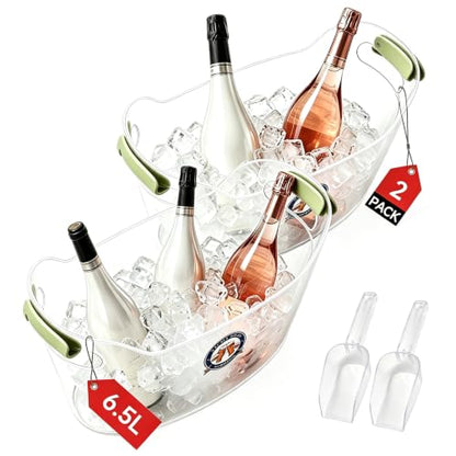 6.5L Clear Plastic Ice Buckets for Parties with Handles & Scoops - Pack of 2