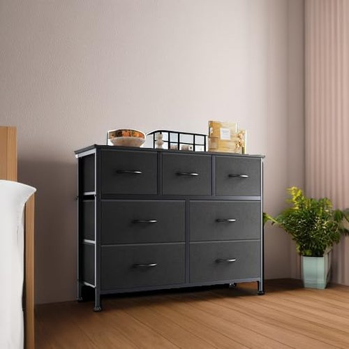 OLIXIS 7 Drawer Dresser for Bedroom, Wide Fabric Storage Tower with Wooden Top and Metal Frame, Closet Chest Organizer Furniture, TV Stand for Living Room Hallway, Rust Brown