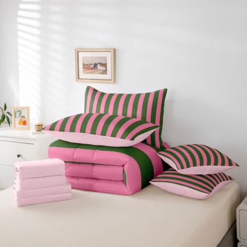 Bubblegum Pink & Green Striped Twin Bedding Set 7 Pieces for Kids & Girls