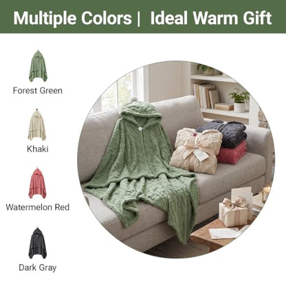 Watermelon Red Hooded Fleece Poncho Cape with Pom Pom for Women 55x39in - Divguf