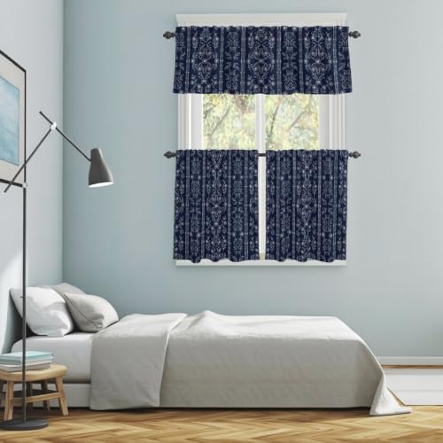 Navy Blue Floral Kitchen Curtains Set Valance & Tier 3 Pieces 54x18+27x24 Variation