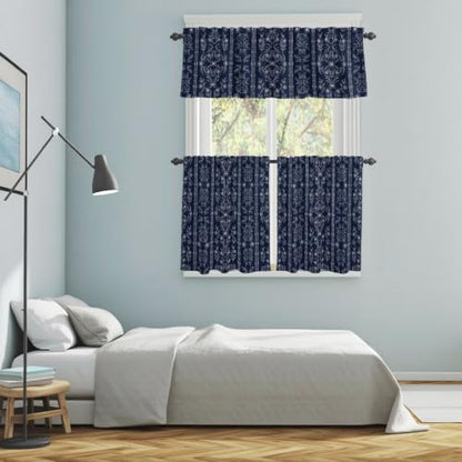 Navy Blue Floral Kitchen Curtains Set Valance & Tier 3 Pieces 54x18+27x24 Variation