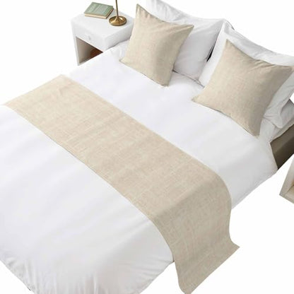 Cal King Bed Runner with Pillow Covers 102x20 Cream Linen Fabric Decorative Set