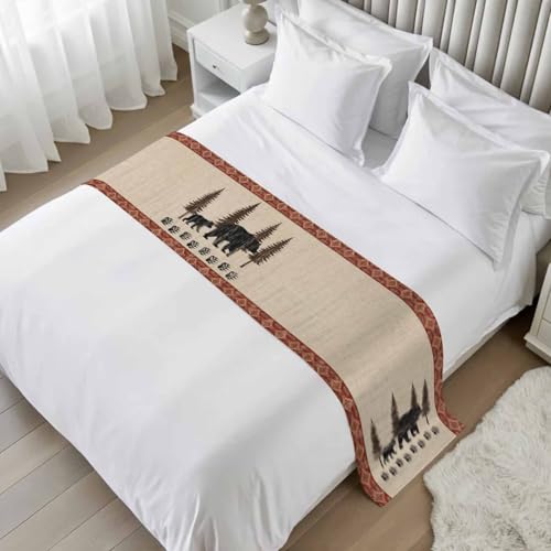 King Size Black Bear Rustic Bed Runner with Cream, Red Variations 102x20 Inches