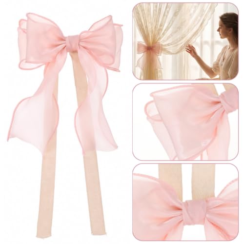 Pink Silky Bow Curtain Tiebacks with Lace - No Tools Needed, Set of 4