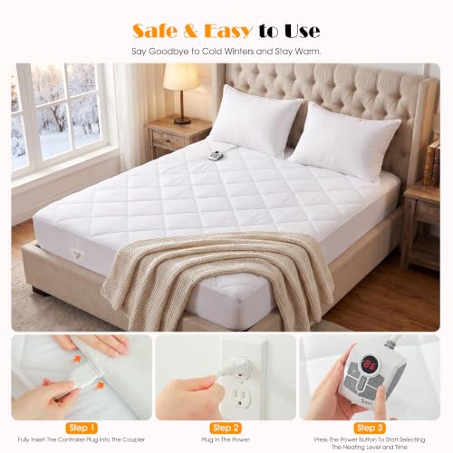 White Heated Mattress Pad Twin XL with Foot Zone & Fast Preheat