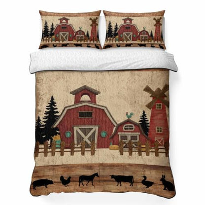 Brown Full Quilt Bedding Set with 2 Pillow Shams - Farmhouse Windmill Design