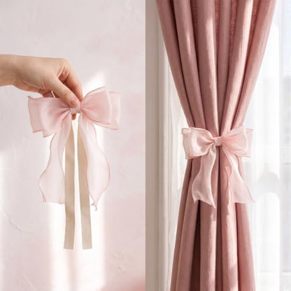 Pink Silky Bow Curtain Tiebacks with Lace - No Tools Needed, Set of 4