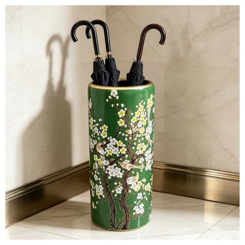 Multicolor Ceramic Umbrella Stand with Hand-Painted Floral Pattern - Green