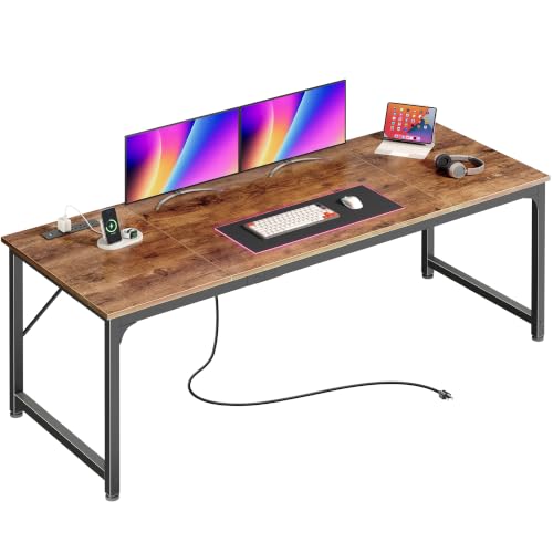 PRAISUN Rustic Brown 70 x 24 Inch Computer Desk with Power Outlets & USB-C - Reversible Setup
