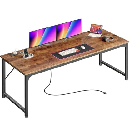 PRAISUN Rustic Brown 70 x 24 Inch Computer Desk with Power Outlets & USB-C - Reversible Setup