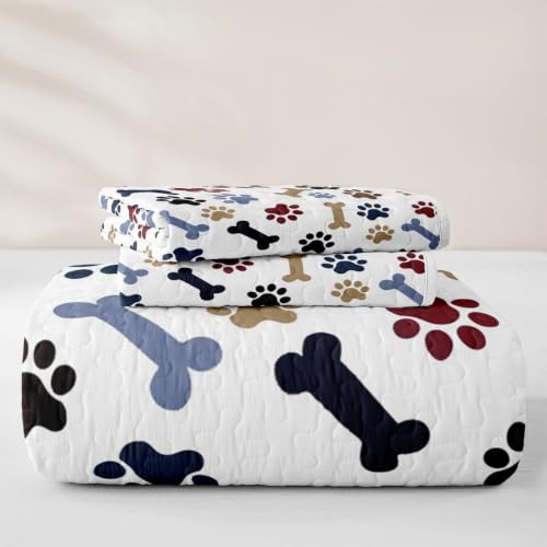 Navy Blue Brown Full Size Cartoon Paw Print Quilt Bedspread Set with Pillowcases