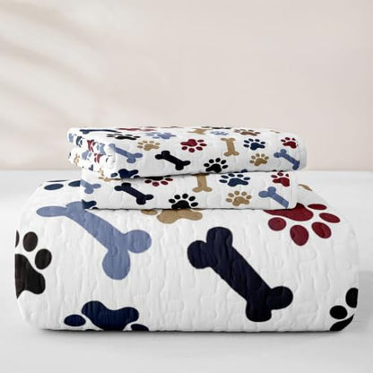 Navy Blue Brown Full Size Cartoon Paw Print Quilt Bedspread Set with Pillowcases