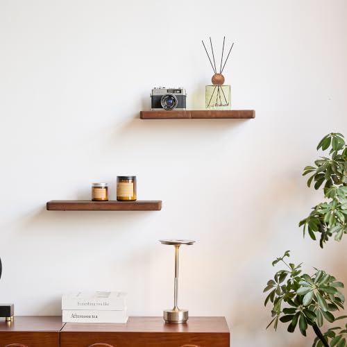 Dark Walnut Wooden Floating Wall Shelves Set of 2 - 15.7 Inch Rustic Storage