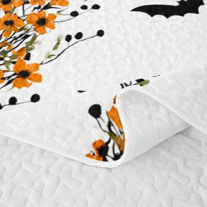 Castle Fairy Halloween Branch Quilt Set Full Size - White Black Orange - Kids Bedroom Decor