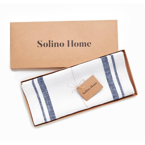 Navy & White Linen Table Runner 14 x 120 Inches - Handmade European Fabric