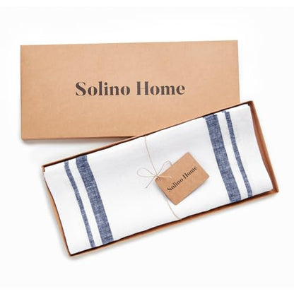Navy & White Linen Table Runner 14 x 120 Inches - Handmade European Fabric