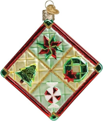 Christmas Quilt Glass Blown Ornament - Handcrafted Holiday Decoration