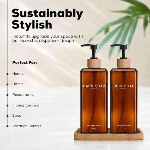 Amber Glass Hand and Dish Soap Dispenser Set - 12oz Kitchen Sink Decor - Modern Organic Home
