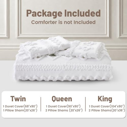 Queen Boho Duvet Cover Set with Tufted Geometric Texture - White