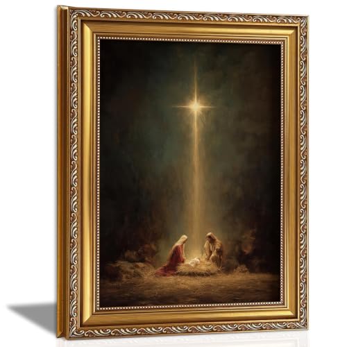 Vintage Gold Framed Nativity Canvas Wall Art - Jesus Birth Scene, 16x12 in