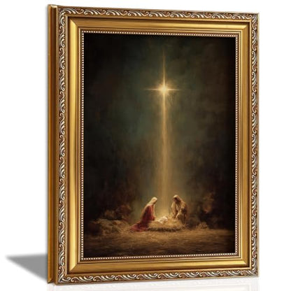 Vintage Gold Framed Nativity Canvas Wall Art - Jesus Birth Scene, 16x12 in