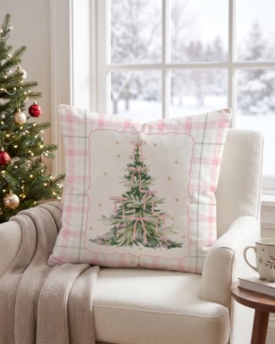 Pink Ribbon Christmas Tree Pillow Cover 18x18 - Holiday Decor with Plaid Border