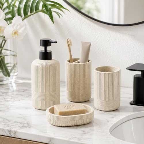 Beige Bathroom Accessory Set 4 Pieces - Toothbrush Holder, Soap Dish, Lotion Bottle, Cup - Resin