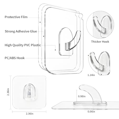 Heavy Duty Waterproof Adhesive Hooks 22 LB Max No Drill Reusable Clear Wall Hooks - 20 Pack
