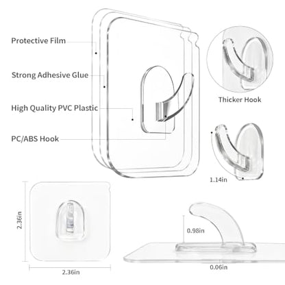 Heavy Duty Waterproof Adhesive Hooks 22 LB Max No Drill Reusable Clear Wall Hooks - 20 Pack