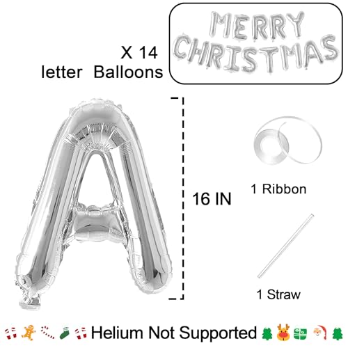 Silver Christmas Balloons Banner - 14 Letter Foil Decorations for Holiday Party