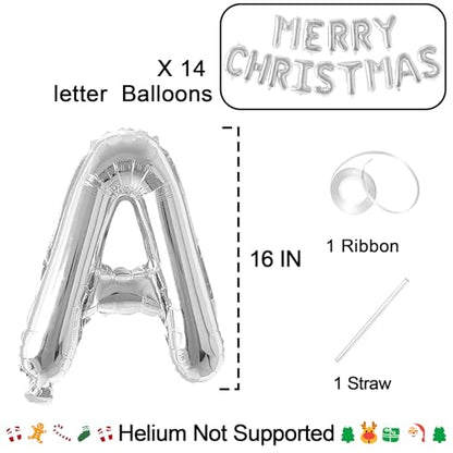 Silver Christmas Balloons Banner - 14 Letter Foil Decorations for Holiday Party