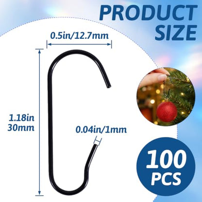 100Pcs C-Shaped Ornament Hooks for Christmas Tree Decorations Black
