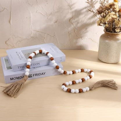 Wood Bead Garland - 39 Inch Farmhouse Boho Wall Decor with Jute Tassels