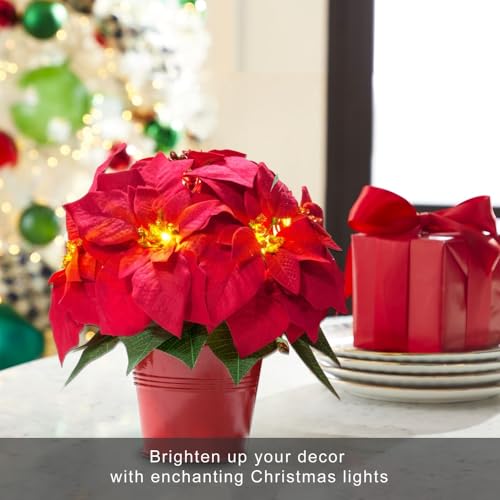 Velvet Red Artificial Poinsettia Flowers for Holiday Decor - 10 Inch LED Lighted Set