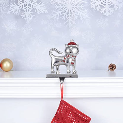 Christmas Stocking Holders Set for Mantel - Cute Cat Design Heavy Metal Hooks