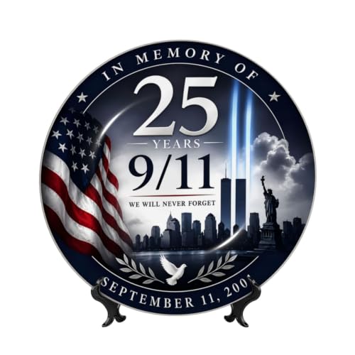 9/11 Never Forget Ceramic Plate 25th Anniversary Wall Decor 10in White