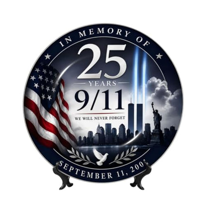 9/11 Never Forget Ceramic Plate 25th Anniversary Wall Decor 10in White