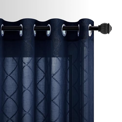 Navy Blue Sheer Curtains 52W x 84L Set of 2 Diamond Embroidered Drapes for Living Room & Bedroom - Winter Holiday Decor