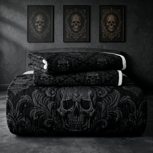 Ash & Ink Black Skull Pattern Quilt Set King Size Kids & Adults Bedding
