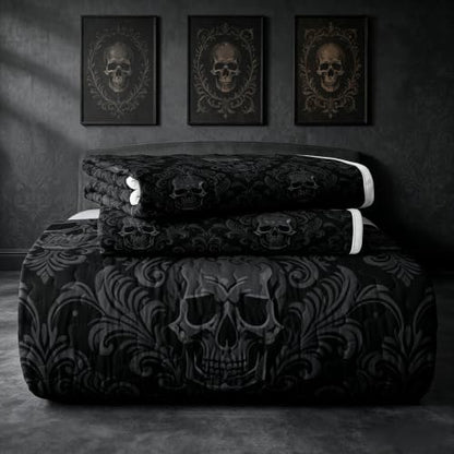 Ash & Ink Black Skull Pattern Quilt Set King Size Kids & Adults Bedding